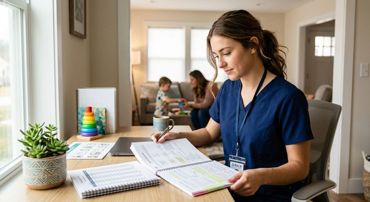 Young RBT in navy-blue scrub top studying 2026 task list at sunlit desk with family-centered ABA therapy setting in background.